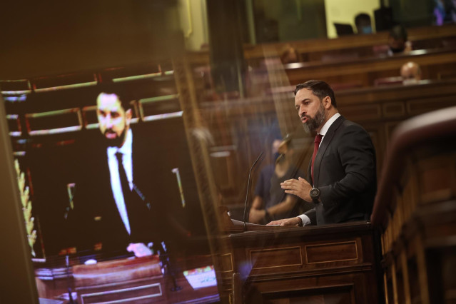 El presidente de VOX, Santiago Abascal,  en el pleno de la moción de censura
