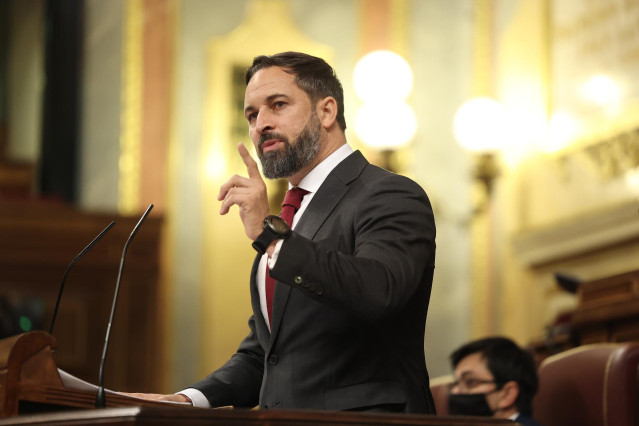 El presidente de VOX, Santiago Abascal, interviene durante el pleno en el que se debate la moción de censura planteada por Vox, en el Congreso de los Diputados, Madrid (España), a 21 de octubre de 2020. Se trata de la quinta moción de censura que se debat