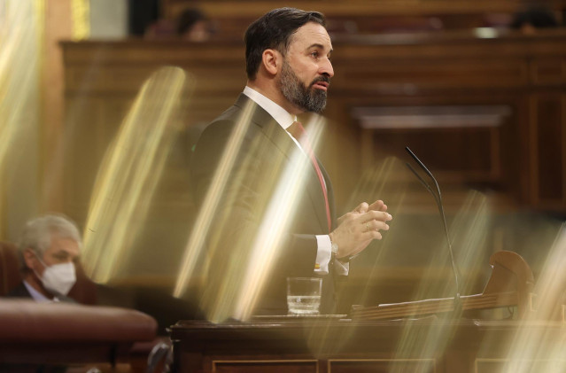 El presidente de VOX, Santiago Abascal, interviene durante el pleno en el que se debate la moción de censura planteada por Vox, en el Congreso de los Diputados, Madrid (España), a 21 de octubre de 2020. Se trata de la quinta moción de censura que se debat