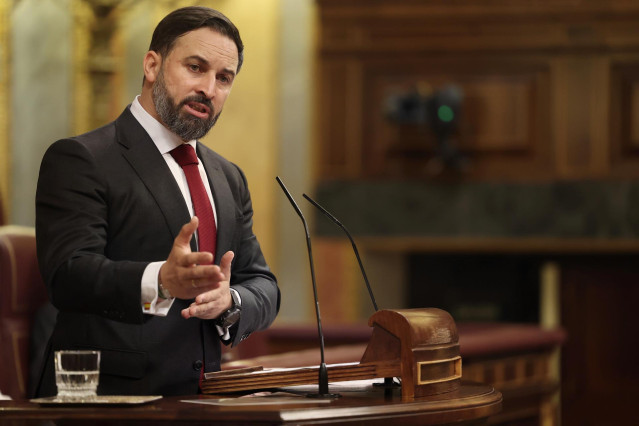 El presidente de VOX, Santiago Abascal, durante su intervención en el pleno en el que se debate la moción de censura planteada por Vox, en el Congreso de los Diputados, Madrid (España), a 21 de octubre de 2020.
