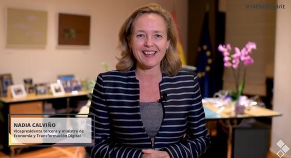 La vicepresidenta tercera del Gobierno y ministra de Asuntos Económicos y Transformación Digital, Nadia Calviño, durante el acto de clausura del 14ENISE Spirit.