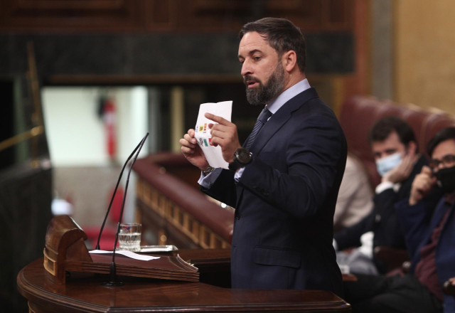 El presidente de Vox, Santiago Abascal, interviene durante la segunda sesión del pleno en el que se debate la moción de censura planteada por Vox, en el Congreso de los Diputados, Madrid (España), a 22 de octubre de 2020. Se trata de la quinta moción de c