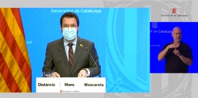 El vicepresidente de la Generalitat, Pere Aragonès, en rueda de prensa telemática.