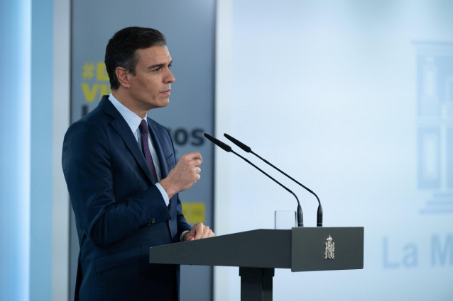 El presidente del Gobierno, Pedro Sánchez, durante una declaración institucional para valorar los acuerdos alcanzados ayer en el seno del Consejo Interterritorial de Salud y la evolución de la pandemia en España.