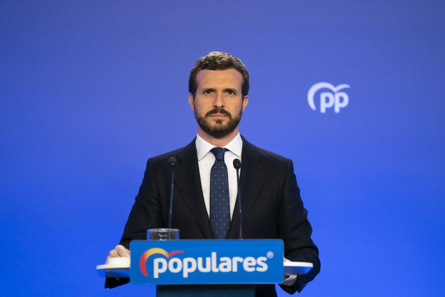 El presidente del PP, Pablo Casado, en la sede nacional del PP.