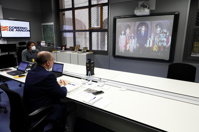 El presidente de Aragón, Javier Lambán, participa por vía telemática en la Conferencia de Presidentes autonómicos con el Gobierno central y la presidenta de la Comisión Europea.