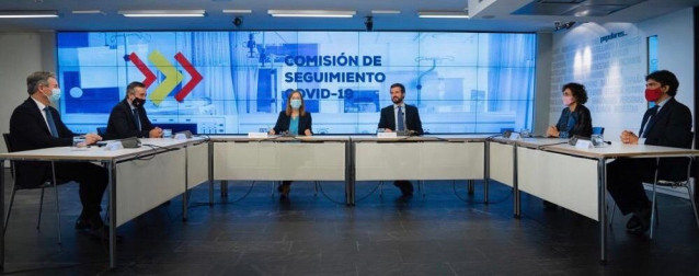 El líder del PP, Pablo Casado, preside la Comisión de Seguimiento del Covid del PP. En  Madrid, a 27 de octubre de 2020.