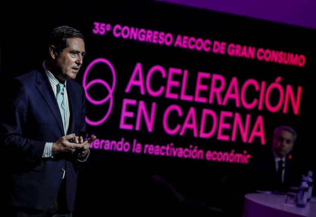 El presidente de la patronal CEOE, Antonio Garamendi, en el  35º edición del Congreso de Gran Consumo organizado por la Asociación de Fabricantes y Distribuidores (AECOC), en Valencia.