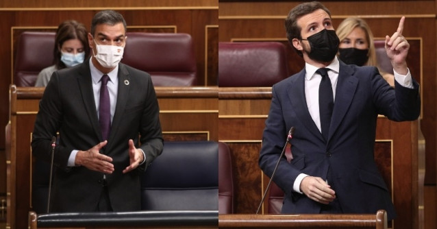 Montaje fotográfico de las intervenciones del presidente del Gobierno, Pedro Sánchez, y del líder del PP, Pablo Casado, durante una sesión de control al Gobierno en el Congreso