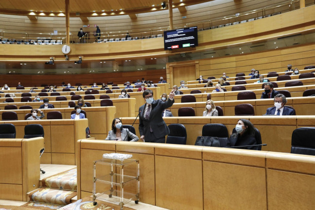 El ministro de Sanidad, Salvador Illa, interviene durante una sesión de control al Gobierno en el Senado.