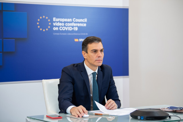 El presidente del Gobierno, Pedro Sánchez, durante una videoconferencia del Consejo Europeo