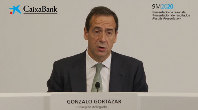 El consejero delegado de CaixaBank, Gonzalo Gortázar, este viernes en rueda de prensa