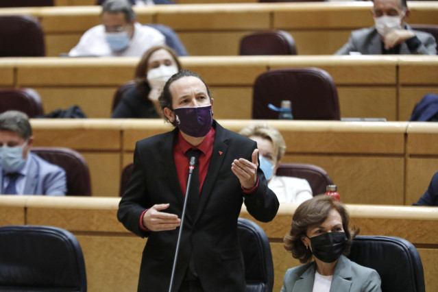 El vicepresidente segundo del Gobierno, Pablo Iglesias, interviene durante una sesión de control al Gobierno en el Senado, a 20 de octubre de 2020.