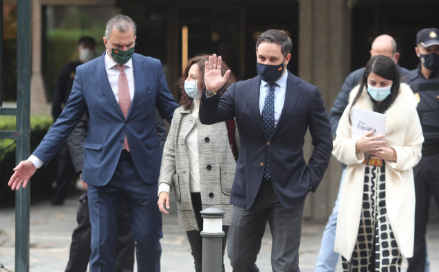 El presidente de Vox, Santiago Abascal, tras presentar el recurso contra el estado de alarma en el Tribunal Constitucional