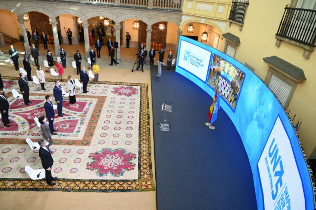 Vista general de los asistentes al acto de conmemoración del 75 aniversario de la entrada en vigor de la carta de las Naciones Unidas, en el Palacio Real de El Pardo, El Pardo, Madrid, (España), a 10 de noviembre de 2020. Durante el acto de este 75 aniver