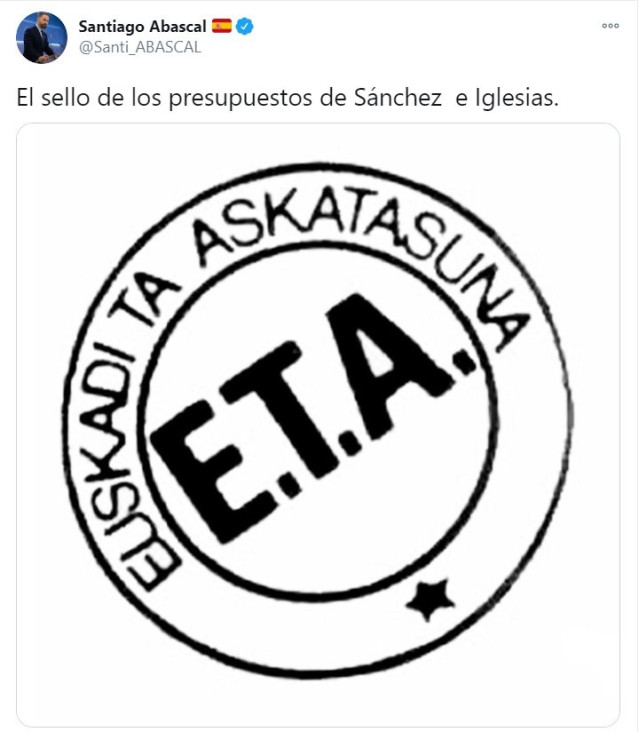 Imagen del tweet del presidente de Vox, Santiago Abascal