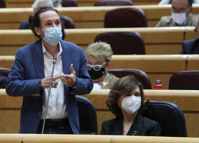 El vicepresidente de Derechos Sociales y Agenda 2030, Pablo Iglesias, interviene durante una sesión de control al Gobierno en el Senado, en Madrid (España), a 3 de noviembre de 2020. Durante el pleno de hoy, el Ejecutivo ha respondido a cuestiones relacio