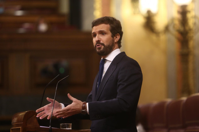 El líder del PP, Pablo Casado, durante su intervención en el pleno de Debate de totalidad del Proyecto de Ley de Presupuestos Generales del Estado para el año 2021.