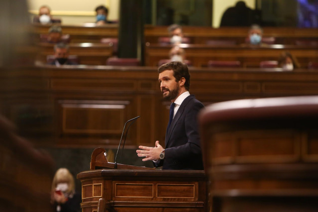 El líder del PP, Pablo Casado, durante su intervención en el pleno de Debate de totalidad del Proyecto de Ley de Presupuestos Generales del Estado para el año 2021, en el Congreso de los Diputados de 2020.