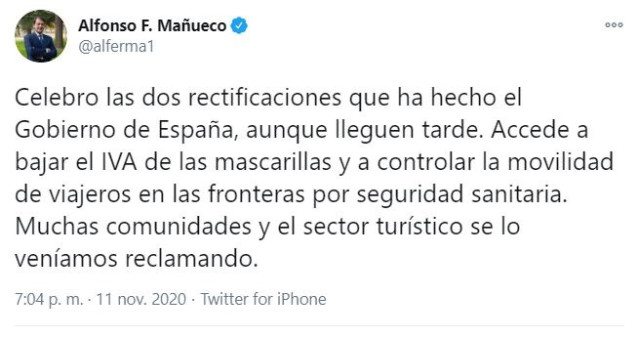 Tuit de Alfonso Fernández Mañueco sobre las últimas decisiones anunciadas por el Gobierno de España.