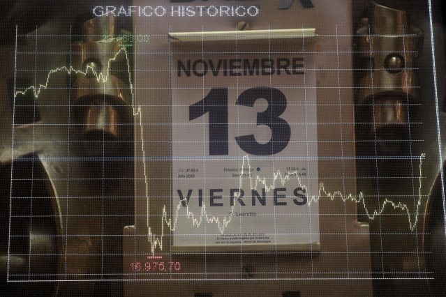 Calendario con la fecha del 13 de noviembre e imagen de los valores de la bolsa de Madrid  (España), a 13 de noviembre de 2020. El Ibex 35 ha iniciado con una subida del 1,11% en la media sesión de este viernes, lo que llevaba al selectivo a situarse en l