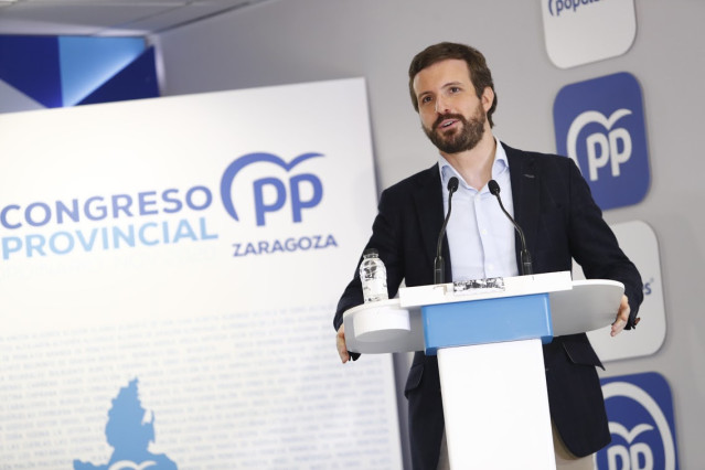 El líder del PP, Pablo Casado, interviene en el acto de clausura del 17º Congreso Provincial del PP de Zaragoza, en Zaragoza, Aragón, (España), a 14 de noviembre de 2020.
