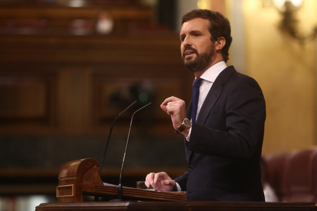 El líder del PP, Pablo Casado, durante su intervención en el pleno de Debate de totalidad del Proyecto de Ley de Presupuestos Generales del Estado para el año 2021, en el Congreso de los Diputados de 2020.
