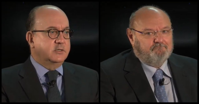 El presidente de la Asociación Española de Banca (AEB), José María Roldán (izq), y el director general de CECA, José María Méndez (dcha), en el XXVII Encuentro del Sector Financiero organizado por Deloitte, 'ABC' y Sociedad de Tasación.
