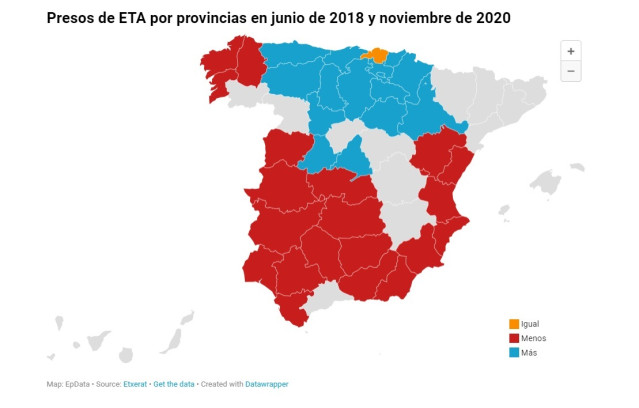 Número de presos de ETA en cada provincia en junio de 218 y noviembre de 2019