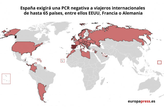Mapa con países a los que España exigirá PCR negativa