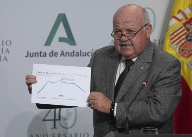El consejero de Salud y Familias, Jesús Aguirre, durante la rueda de prensa posterior a la reunión del Consejo de Gobierno. En Sevilla, (Andalucía, España), a 24 de noviembre de 2020.