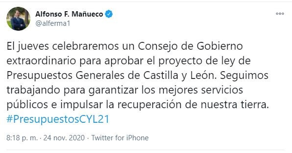 Tuit escrito por Fernández Mañueco para anunciar la presentación este jueves de los PGC.