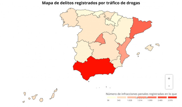 Mapa de denuncias por tráfico de drogas hasta el tercer trimestre