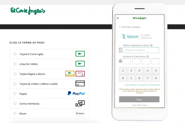 El Corte Inglés y BBVA se alían para incorporar Bizum como medio de pago en compras online.