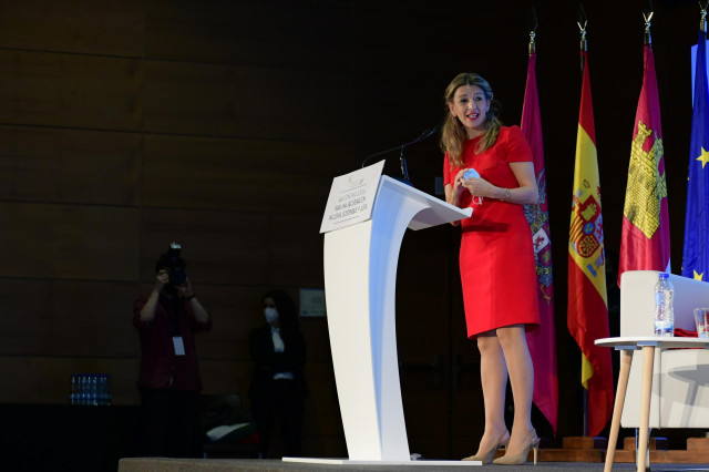 La ministra de Trabajo y Economía Social, Yolanda Díaz, en rla eunión de Alto Nivel de la Economía Social y Solidaria 'La Economía Social para una Recuperación Inclusiva, Sostenible y Justa'.