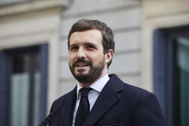 El presidente del PP, Pablo Casado, interviene durante el acto institucional por el Día de la Constitución en el Congreso de los Diputados, en Madrid (España), a 6 de diciembre de 2020.