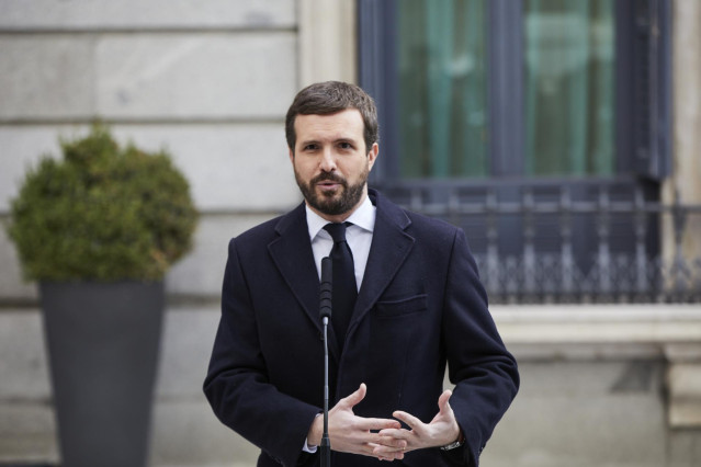 El presidente del PP, Pablo Casado, interviene durante el acto institucional por el Día de la Constitución en el Congreso de los Diputados, en Madrid (España), a 6 de diciembre de 2020.