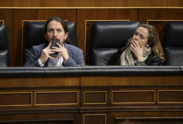 El vicepresidente del Gobierno de Derechos Sociales y Agenda 2030, Pablo Iglesias, en su escaño en el Congreso