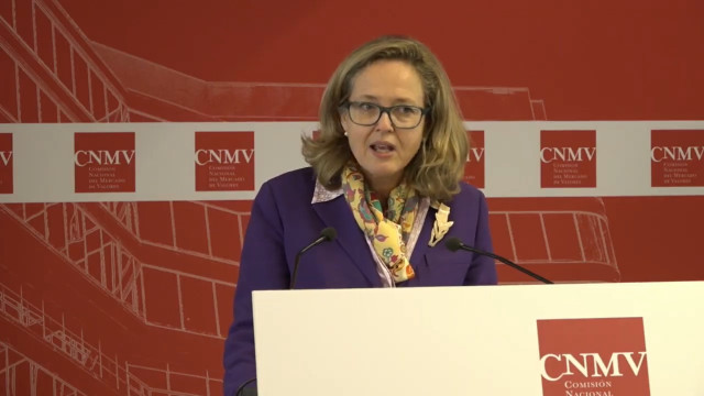 La ministra de Asuntos Económicos y Transformación Digital, Nadia Calviño, en la toma de posesión de los nuevos directivos de la Comisión Nacional del Mercado de Valores (CNMV).