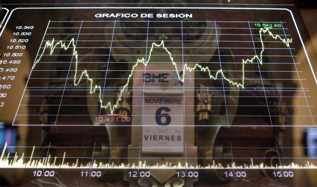 Valores de la bolsa de Madrid (España), a 6 de noviembre de 2020. El Ibex 35 mantenía un descenso del 0,61% en la media sesión de este viernes, atento a la carrera presidencial en Estados Unidos entre el presidente, Donald Trump, y el candidato demócrata