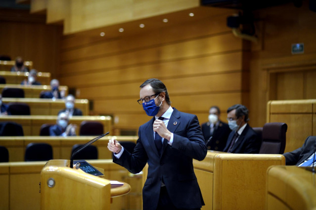 El portavoz del PP en el Senado, Javier Maroto, durante una sesión plenaria en la Cámara Alta, en Madrid (España), a 14 de diciembre de 2020.