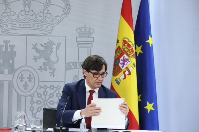 El ministro de Sanidad, Salvador Illa, en rueda de prensa en el Palacio de la Moncloa.