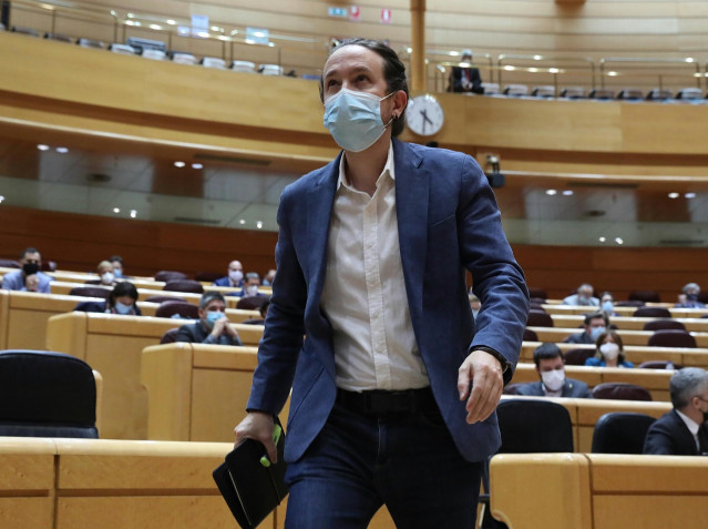 El vicepresidente de Derechos Sociales y Agenda 2030, Pablo Iglesias, interviene durante una sesión de control al Gobierno en el Senado, en Madrid (España), a 3 de noviembre de 2020.