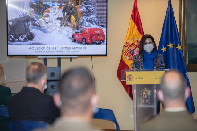 La ministra de Defensa, Margarita Robles, en un acto en el Ministerio de reconocimiento a los militares que han realizado labores en la borrasca 'Filomena'
