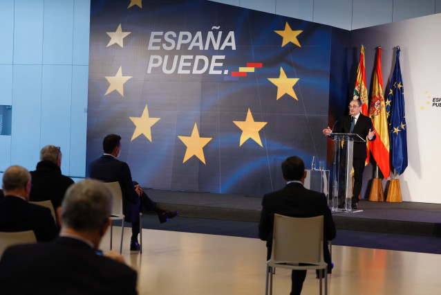El presidente de Aragón, Javier Lambán, en la presentación del Plan de Recuperación.