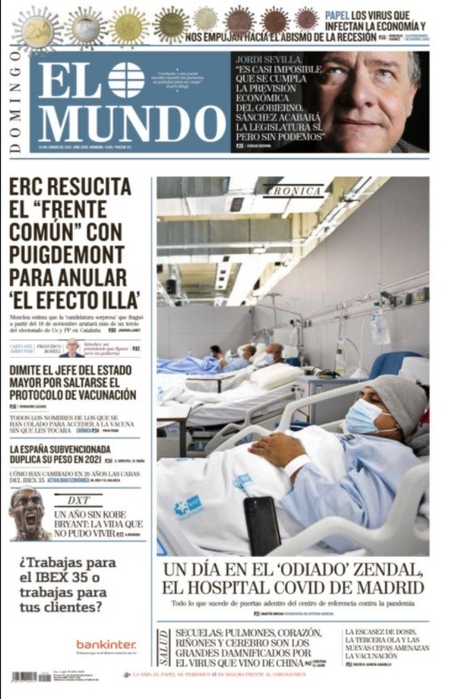 Portada del diario El Mundo para el 24 de enero de 2021.