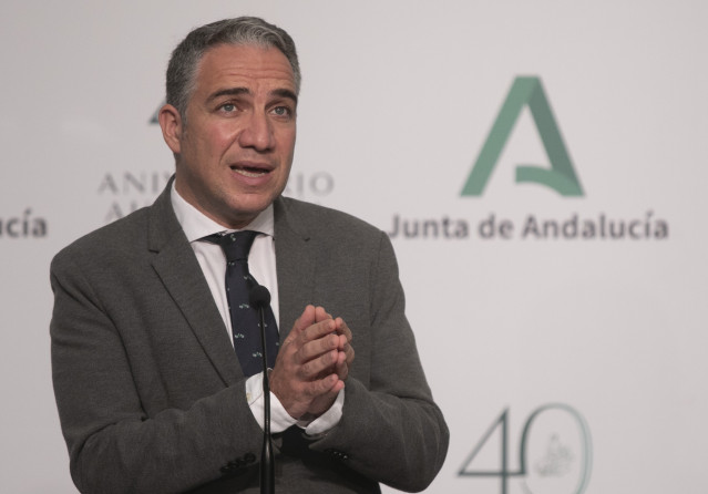 El consejero de la Presidencia, Administración Pública e Interior, Elías Bendodo, este martes durante la rueda de prensa posterior a la reunión del Consejo de Gobierno de la Junta de Andalucía.