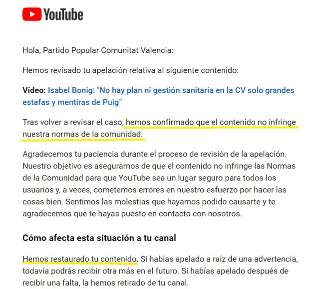 Contestación de Youtube al PPCV