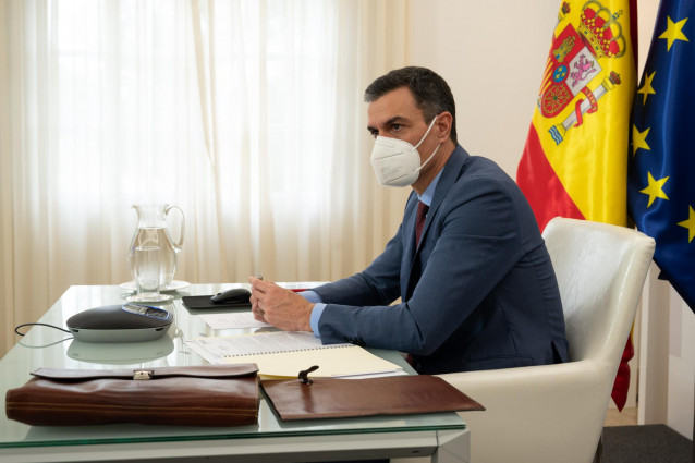 El presidente del Gobierno, Pedro Sánchez, participa por videoconferencia en la reunión del Consejo Europeo Extraordinario sobre el Coronavirus, en Madrid (España), a 25 de febrero de 2021.