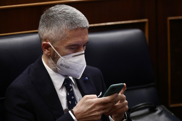 El ministro de Interior, Fernando Grande-Marlaska, observa el móvil durante una sesión plenaria en el Congreso